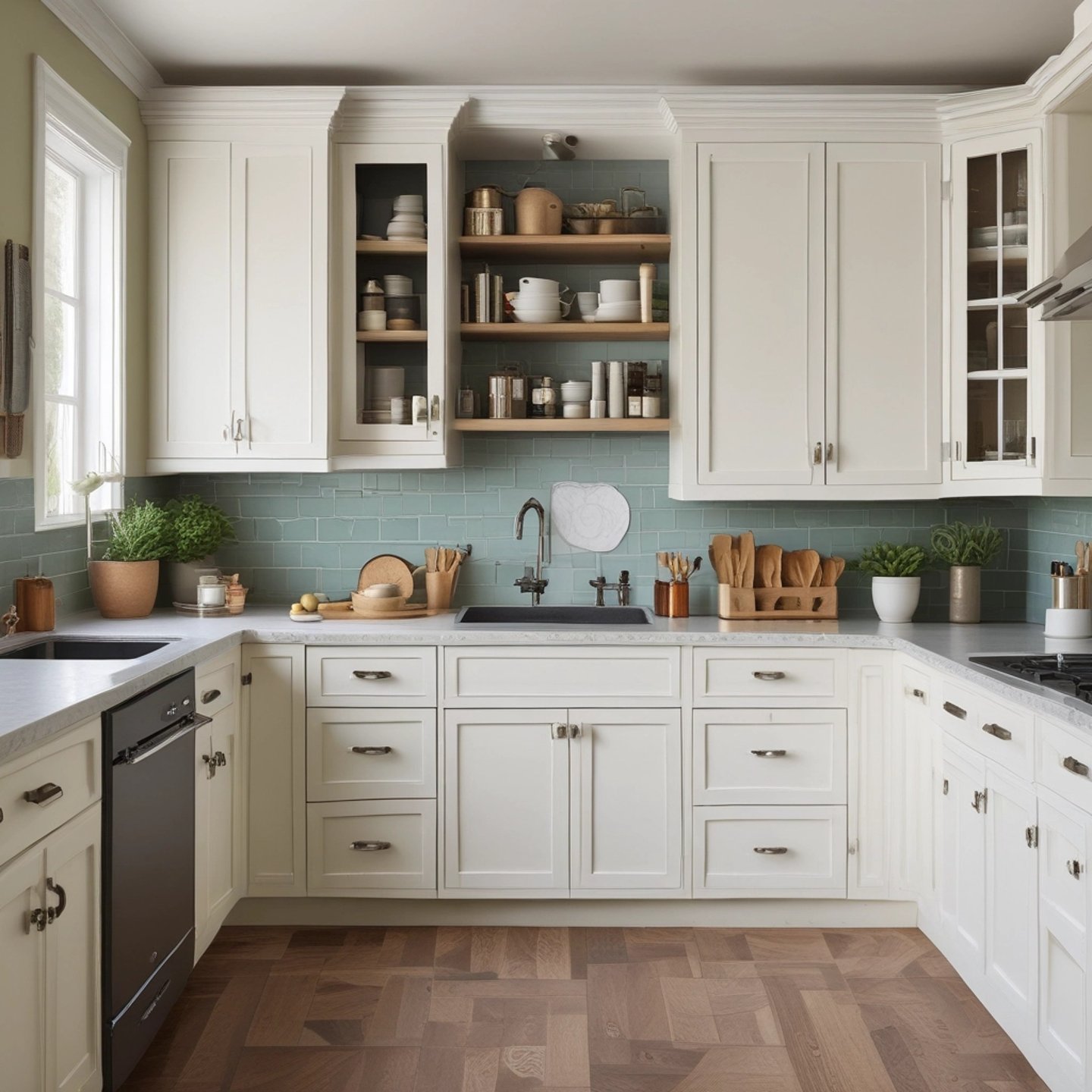 Calm kitchen with organized counters and open light.