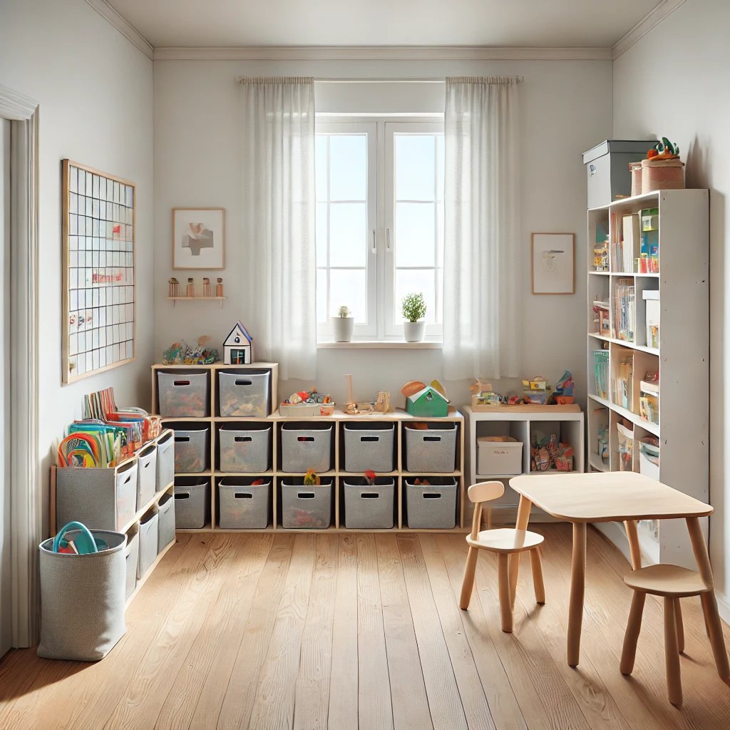 Playroom shelving styled with baskets and books.